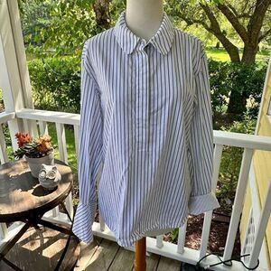 Lareida White / Navy Striped French Cut Button Front Top